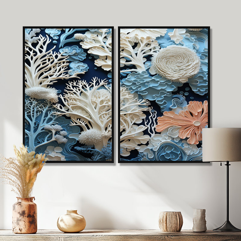 Sous l'eau, coraux bleus et blancs, collage I - art mural bleu, 2 pièces, Impression encadrée flottante, Black, 36" H x 48" W