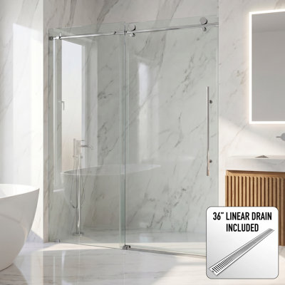 Elan E-Class 68-72 in. W x 76 in. H Frameless Sliding Shower Door in Chrome with 3/8 in. (10mm) Clear Glass and Elan 36 in. Linear Shower Drain