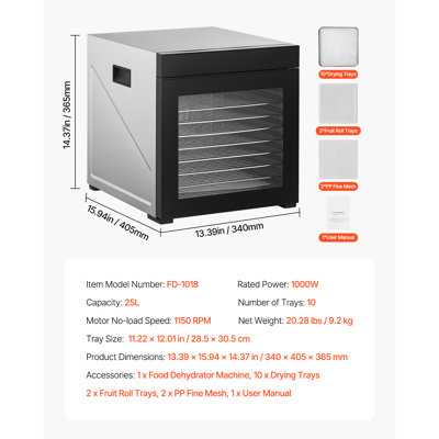 Déshydrateur alimentaire, 10 plateaux en acier inoxydable, séchoir électrique de 1000 W avec température réglable et minuterie de 24 heures, déshydrateur pour viande séchée, viande, fruits, légumes, herbes, friandises pour chiens