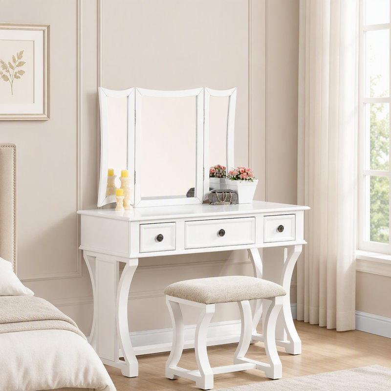 Ensemble de coiffeuse moderne et unique pour chambre à coucher, avec tabouret, miroir pliable et tiroirs, placage MDF blanc pour un rangement élégant