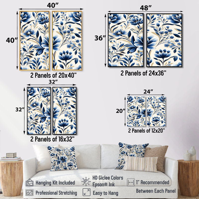 Grandes fleurs bleues et blanches damassées, H 32 po x l 32 po, Noir, Impression encadrée flottante