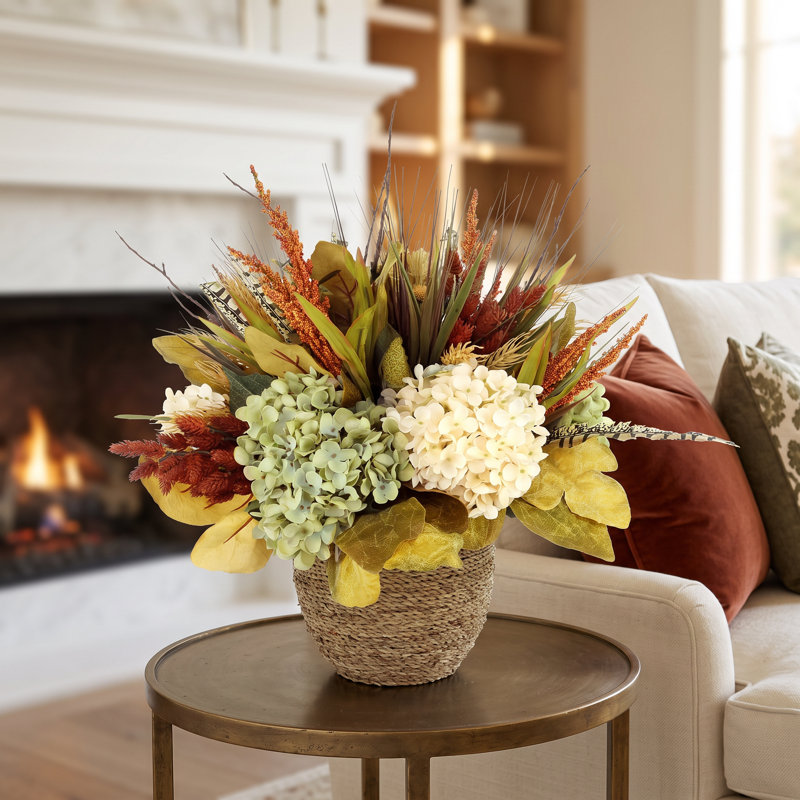 Fall Arrangement with Hydrangeas, Thistle and Wheat