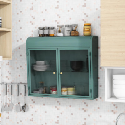 Armoire de rangement murale en métal à 2 portes avec portes et tablettes en verre trempé vert armée pour salle de bain, cuisine, salon et bureau