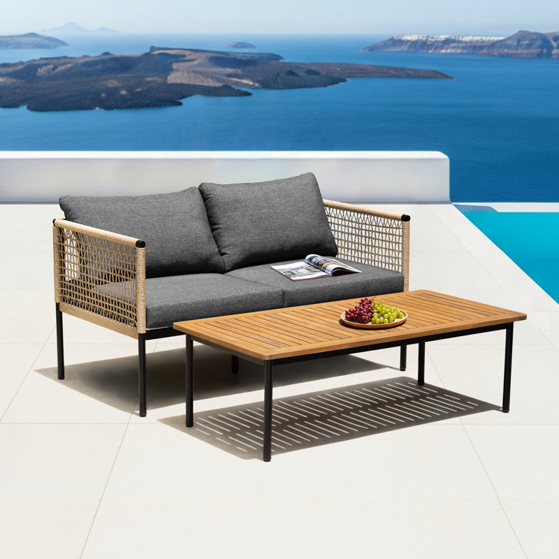 Causeuse et table en osier Oscar - Coussins noirs