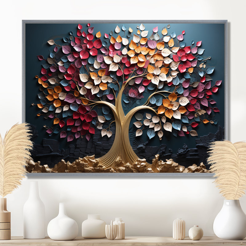 Arbre doré rose et bleu sur fond bleu - Art mural arbre, H 24 po x l 32 po x P 1 po, Cadre flottant argent