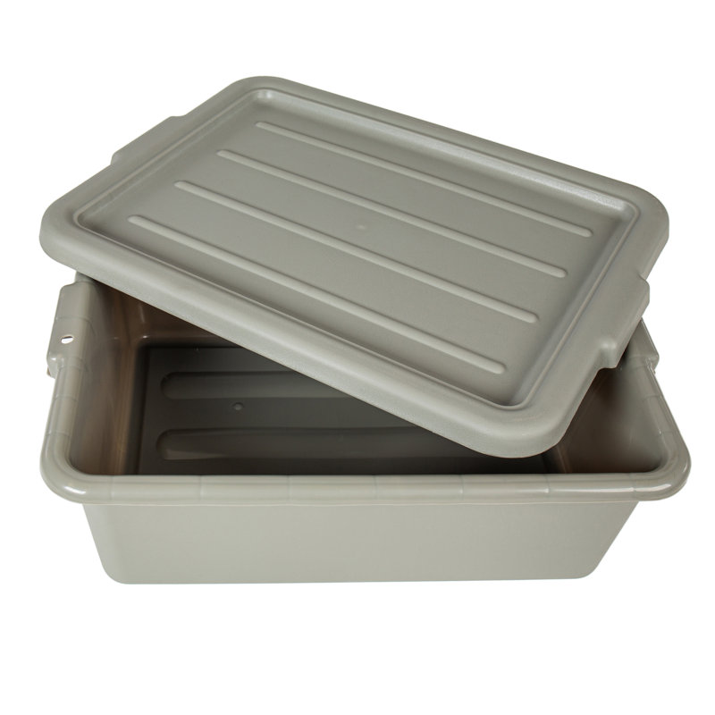 Lot de 6 bacs à viande de 51 x 38 x 18 cm (9 gallons) en plastique gris de qualité alimentaire avec couvercles. Contenants robustes et utilitaires pour la vaisselle, la préparation en cuisine et l'entreposage en restauration.