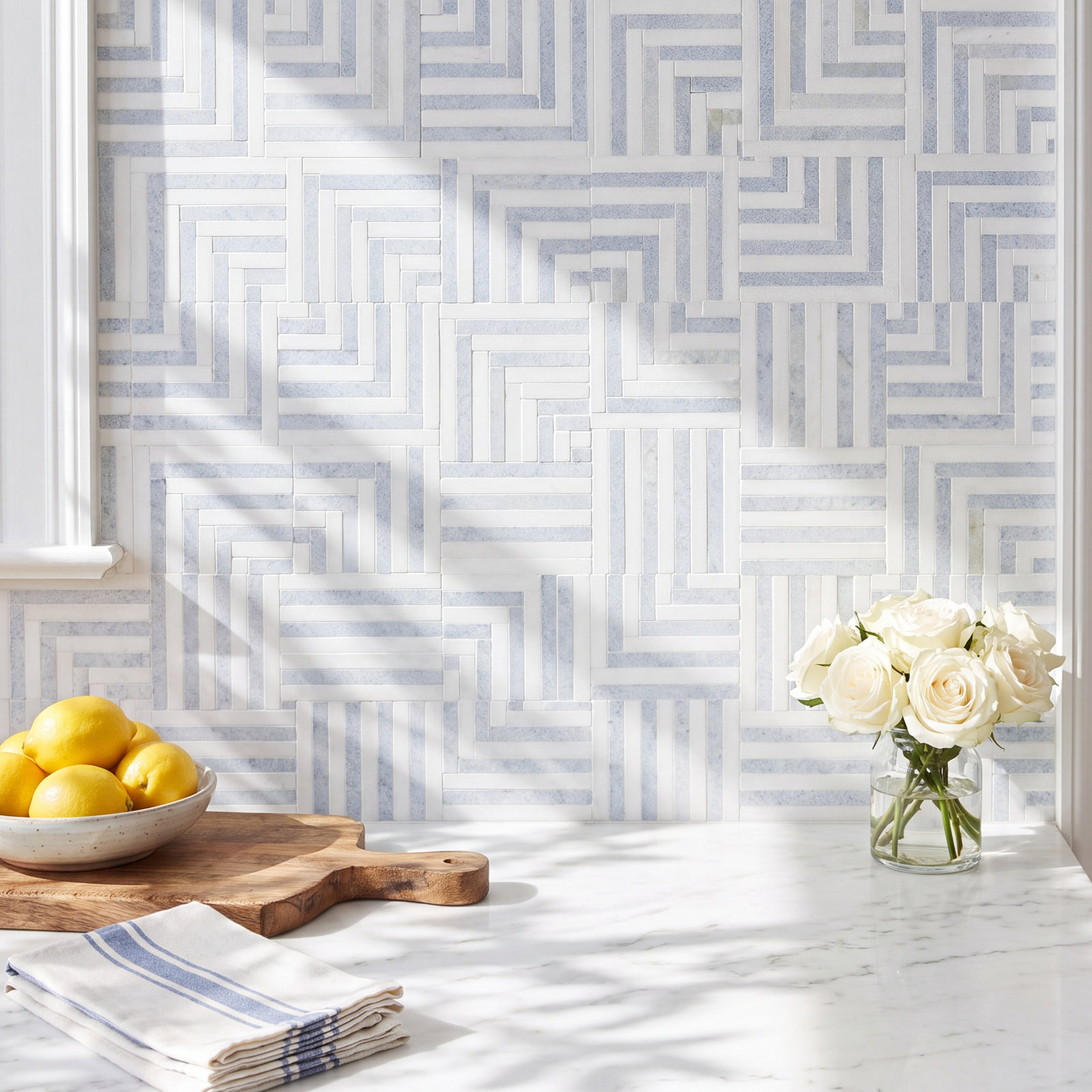 Blue Celeste and Thassos Marble Mosaic Tile