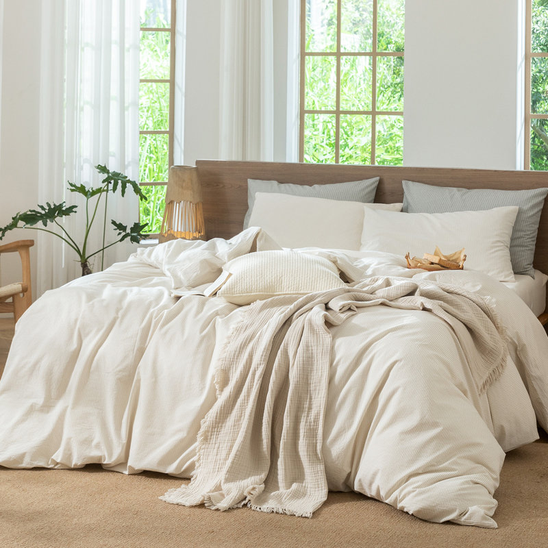 MooMee Striped Duvet Cover Set 100% Washed Cotton Linen Like Textured, Queen Duvet Cover + 2 Standard Pillowcases
