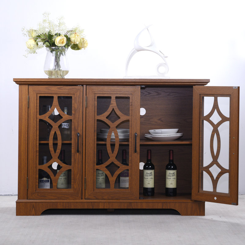 48.66" X 15.55" X 34.06" Spacious Size Sideboard 3 Clear Tempered Glass Doors Buffet With Adjustable Shelf, MDF With Dark OAK Decorative Laminates Storage Cabinet For Dinning Room, Kitchen,Living Room