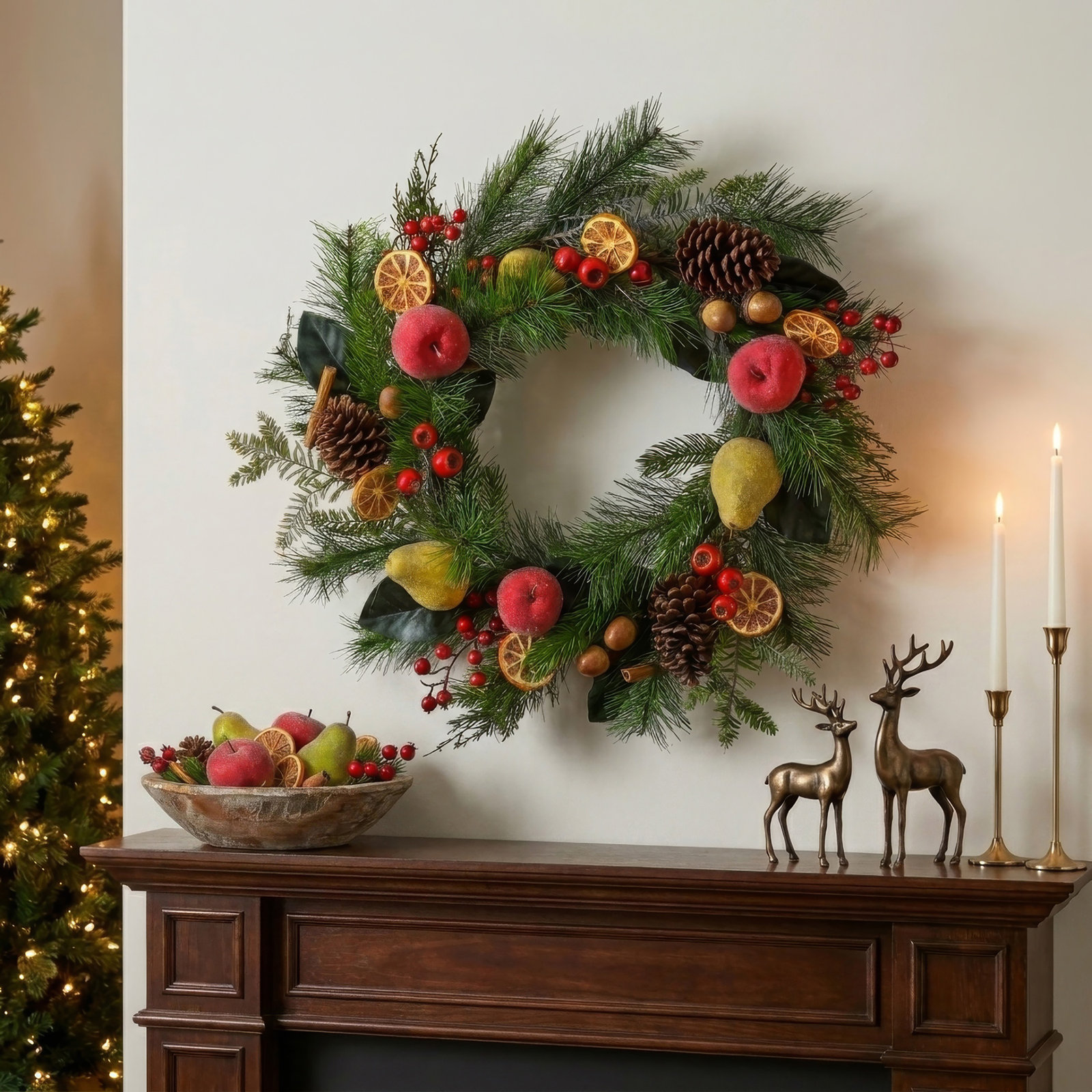 24"Fruit, Berry and Cone Evergreen Wreath