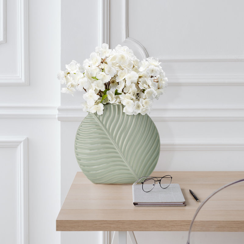 Sculptural Tall Vase with Leaf Texture for Console and Entryway Design - Flower Vase for Home Decor, Ivory/Beige