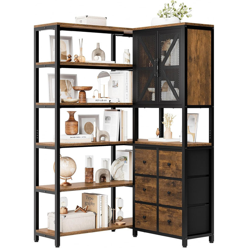70.9H Bookcase 6 Tier, " Convertible Tall Bookshelf With 6 Fabric Drawers, Brown/Black