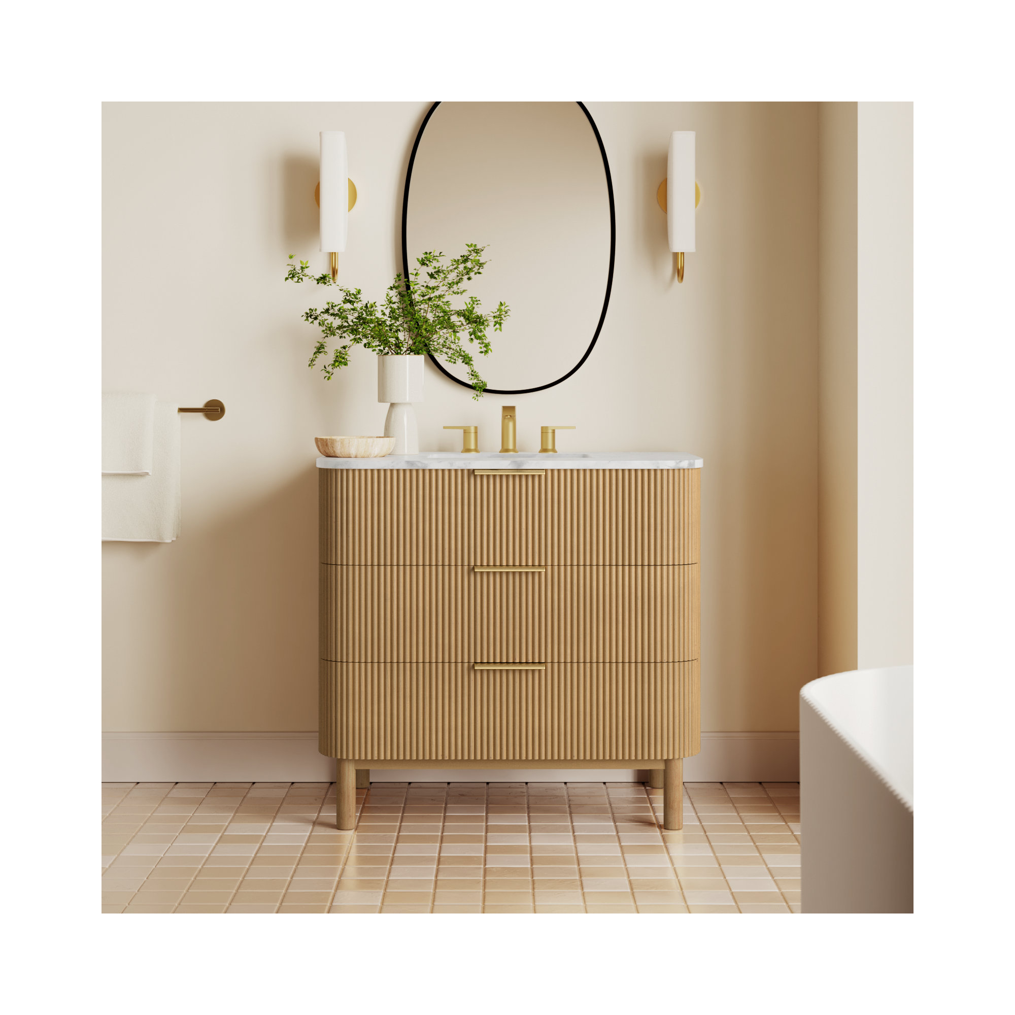 Nova 36" Marble Top Single Sink Bathroom Vanity, Reeded Birch