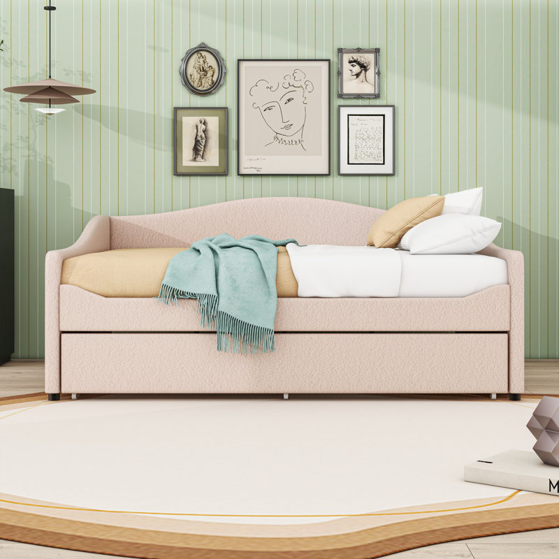 Upholstered Daybed with Twin Trundle and LED, Beige, Full/Double