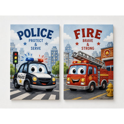 Grand ensemble de 2 camions de pompiers, art mural pour chambre à coucher de garçons, véhicule sur toile de décoration pour chambre d'enfant