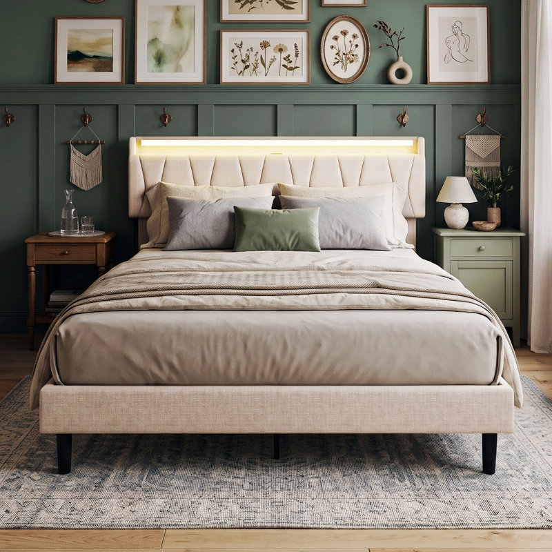 Upholstered Linen Platform Bed, European Double (140 x 200 cm), Beige