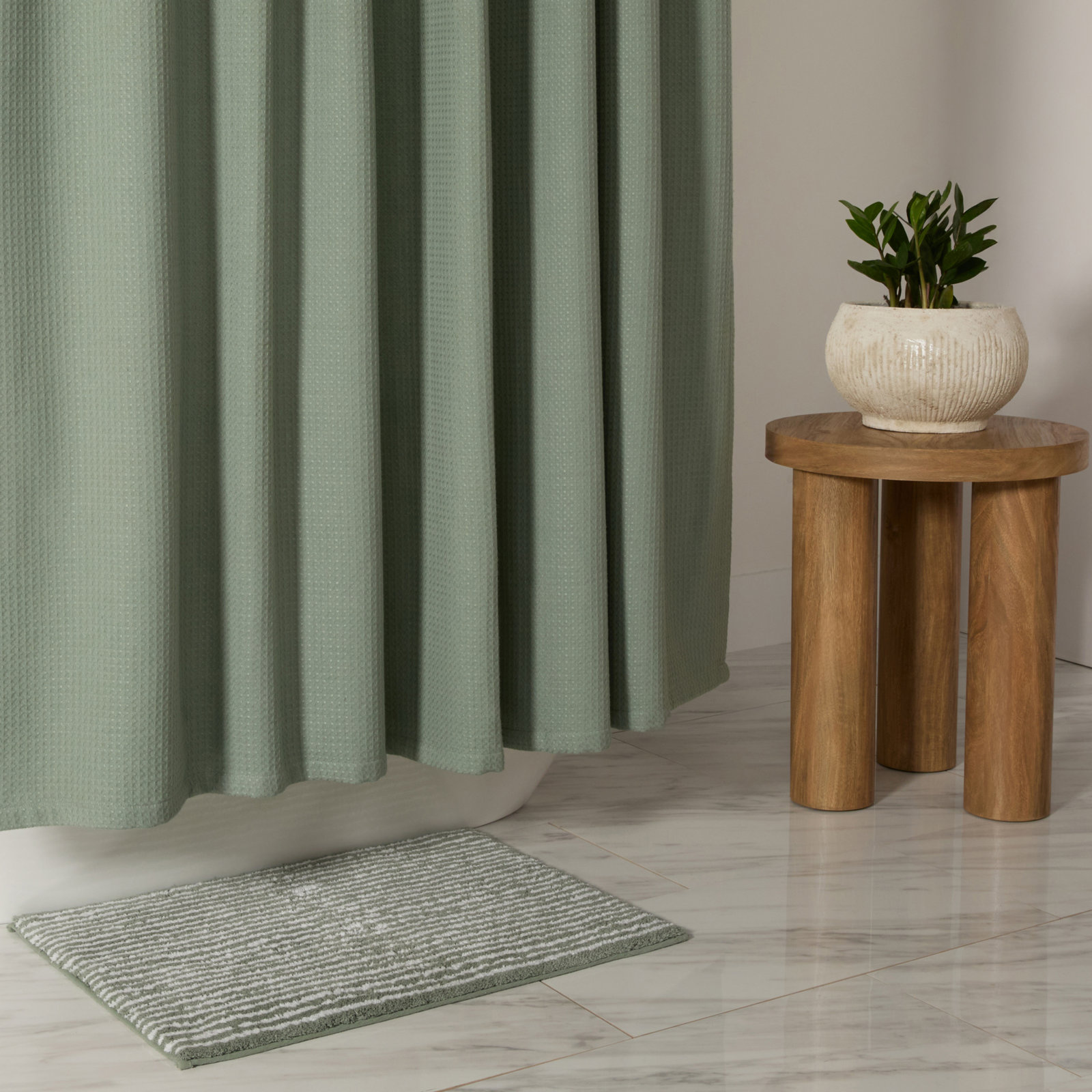 Waffle Textured Cotton Blend Shower Curtain, Green
