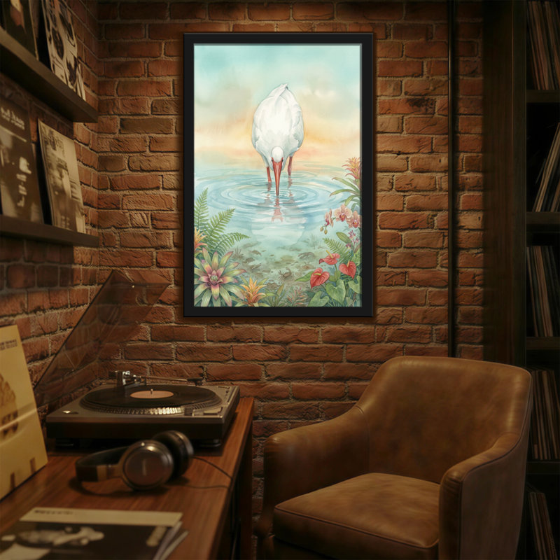 Animaux, oiseau blanc dans l'eau avec des fleurs et des fougères, H 24 po x l 16 po