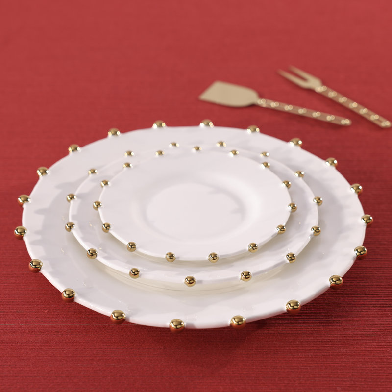 Assiettes de présentation en porcelaine blanche céleste avec bordure perlée dorée, lot de 2