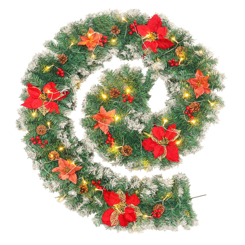 270cm Lighted Faux Garland with Lights, Dark Green/Red