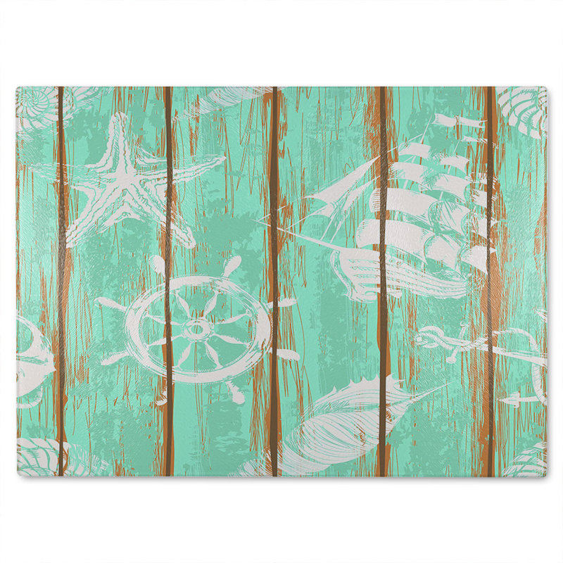 Nautical Elements On Wood Glass Chopping Board