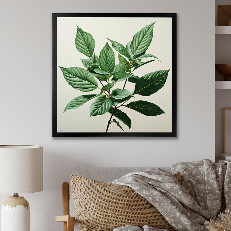 Menthe fraîche, feuilles de minimalisme sérénité II, Cadre simple noir, H 24 po x l 24 po x P 1 po