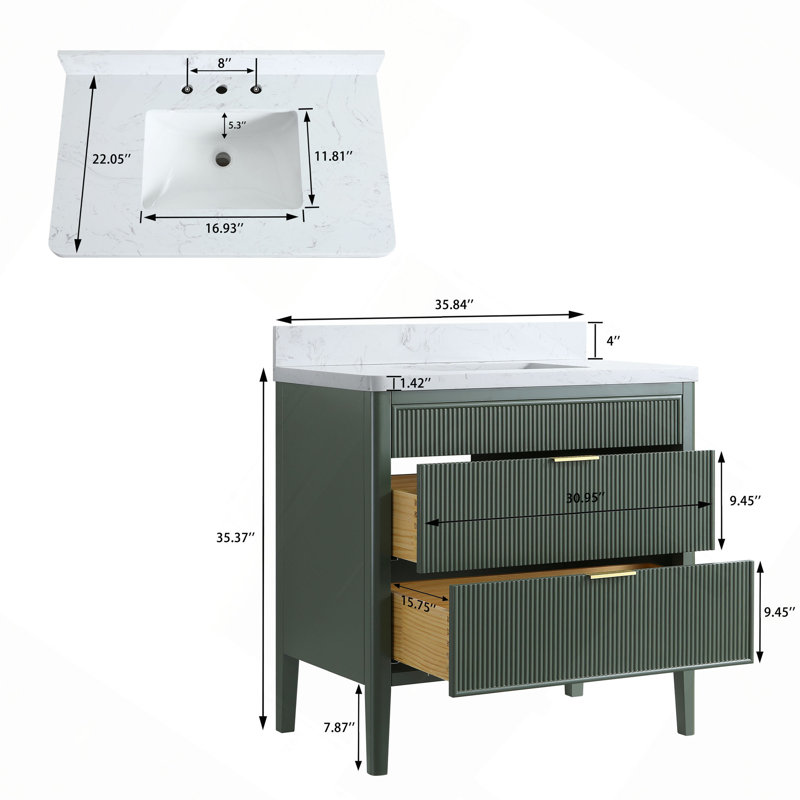 Meuble-lavabo autoportant de 36 po entièrement assemblé avec fabrication en bois massif et plateau en marbre d'ingénierie
