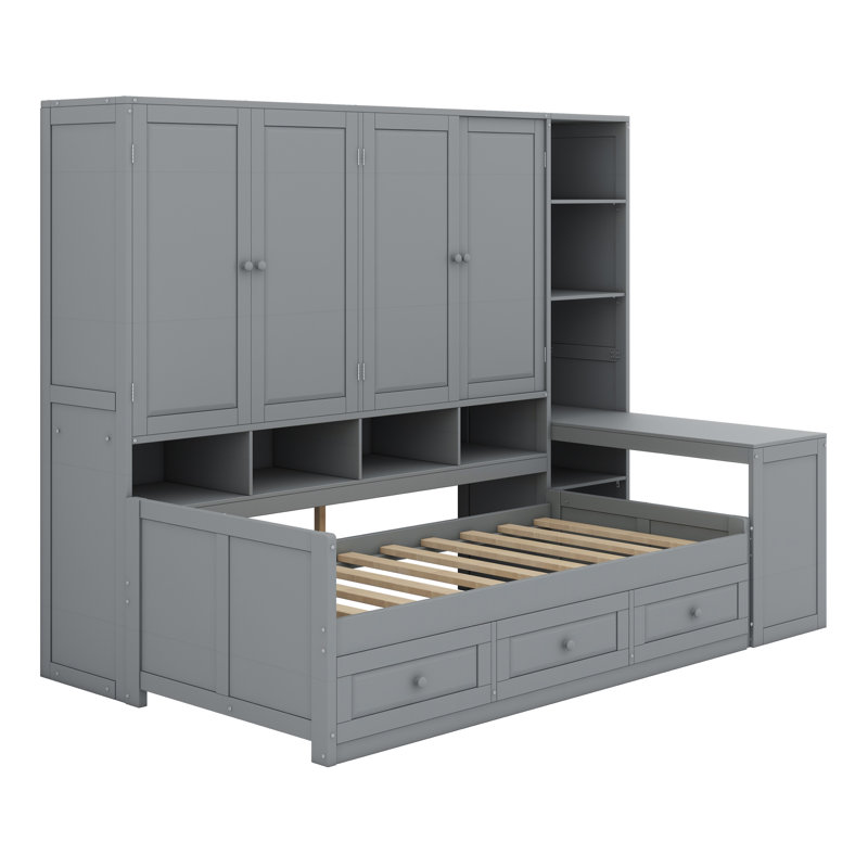 Wooden Daybed With Three Drawers, And All-In-One Cabinet, Desk And Shelves, Gray, Twin