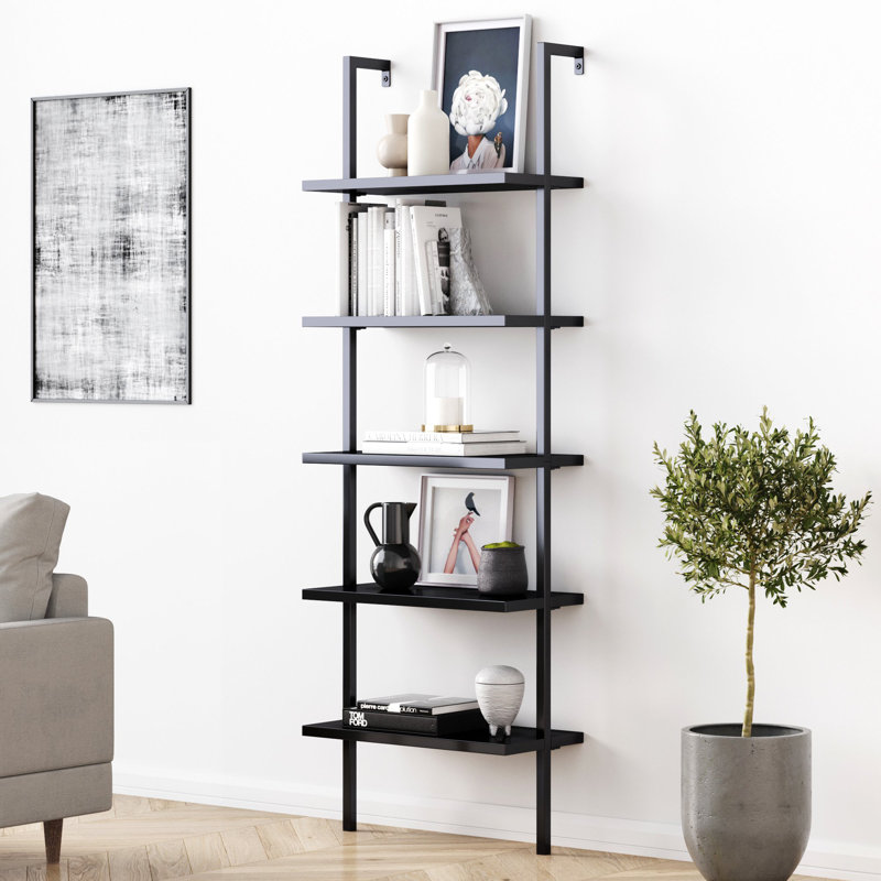 Bibliothèque standard à 5 tablettes Andrea, Cadre en acier noir / tablette en bois noir