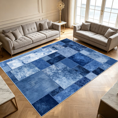 Tapis géométriques bleus de 1 pièce pour le salon, doux et confortables, convenant à toutes les saisons, faciles à entretenir, tapis de sol intérieur lavable à la machine, sous la table de ferme convenant à la chambre à coucher, à la cuisine, à la salle à manger, au couloir, au patio, à la maison. .. ..
