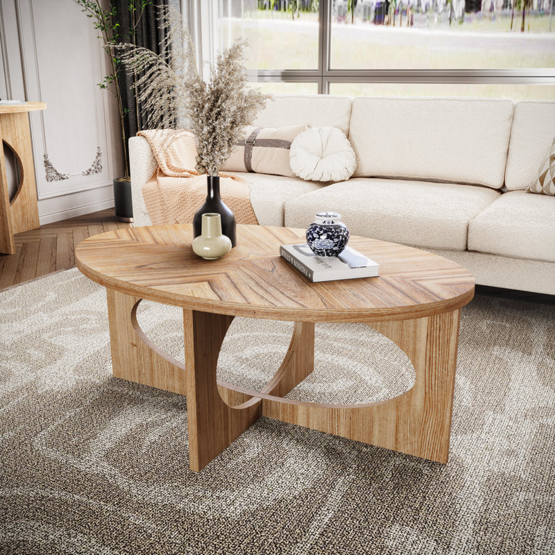 Lamanuel Cross Legs Oval Coffee Table with Wood Grain Top For Living Room