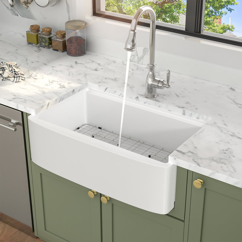 30"L x 20"W Ceramic Workstation Kitchen Sink Single Basin Farmhouse Apron Sink with Bottom Grid, 10" H x 33" L x 21" W