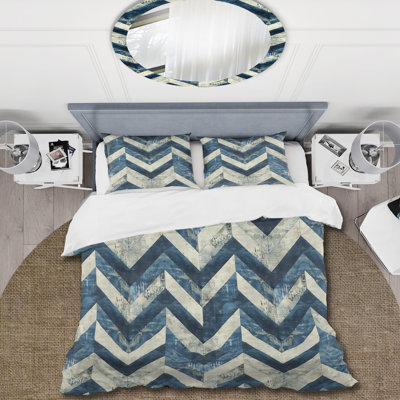 Ensemble de housse de couette à chevrons bleu et beige