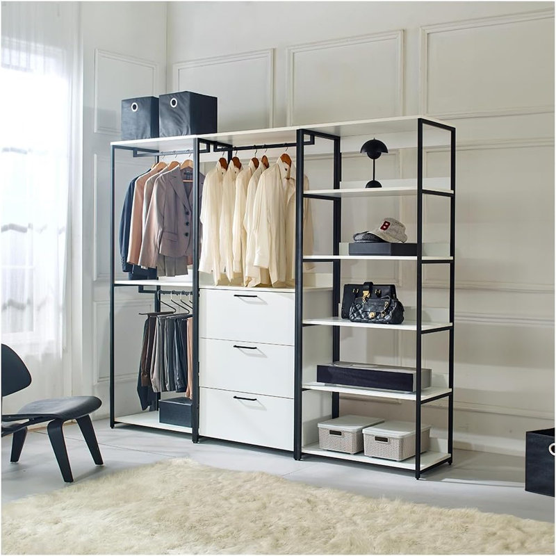  96 in W White Freestanding Walk in Closet System with 3 Towers and Metal Frame, White