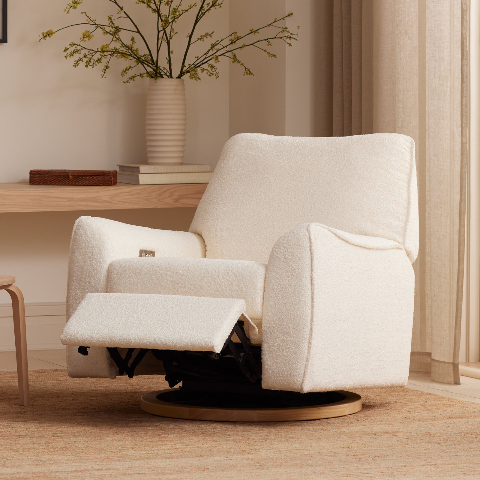 Sunday Swivel Glider, White Boucle, Natural Wood