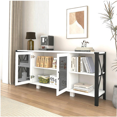 Meuble télé de style rustique pour téléviseurs de 80 pouces, tablettes ouvertes modernes en bois et en métal, convenant aux salons