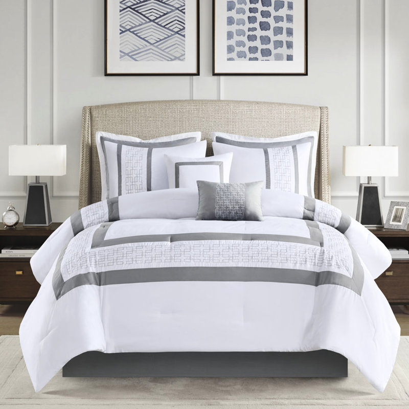 Ensemble d'édredon brodé très grand 8 pièces - style sophistiqué, 8 coussins décoratifs transitionnels, Blanc