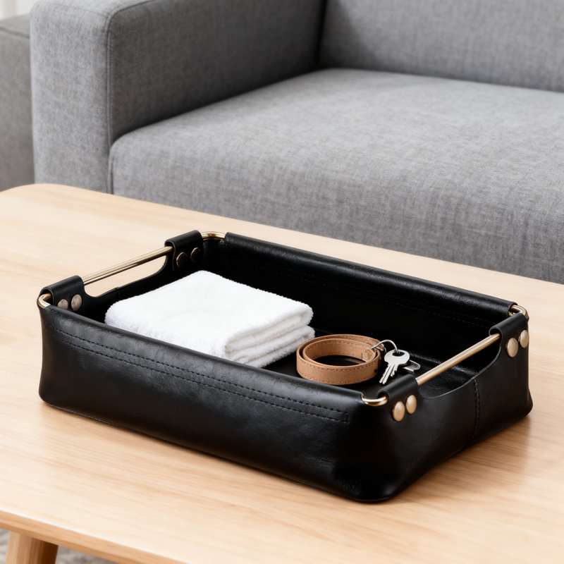 Plateau de rangement de bureau en cuir fabriqué à la main - Boîte de rangement minimaliste de style nordique pour le salon, la chambre à coucher, la télécommande et le support des essentiels