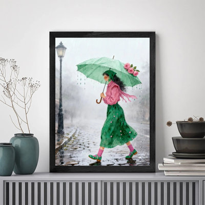 Décoration murale de luxe avec cadre en bois noir, femme marchant sous la pluie, parapluie, cadeau pour décoration d'intérieur