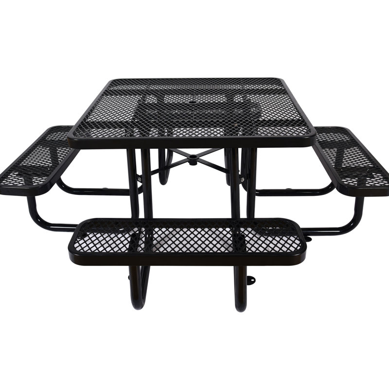 Table de pique-nique carrée d'extérieur en acier 46 po noir avec mât de parasol, Noir