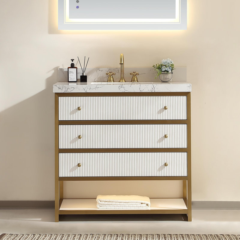 36" Freestanding Solid Oak LED Function Bathroom Vanity with Rectangular LED Lighted Bathroom Vanity Mirror