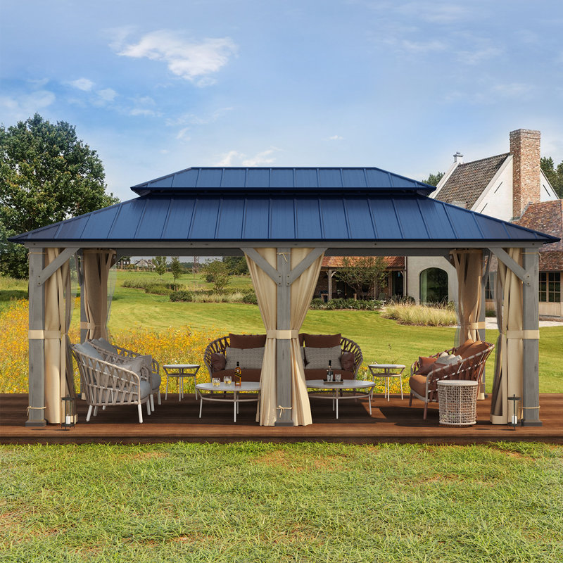 Cedar and Metal Hardtop Outdoor Gazebo with Curtains, 12' x 20'
