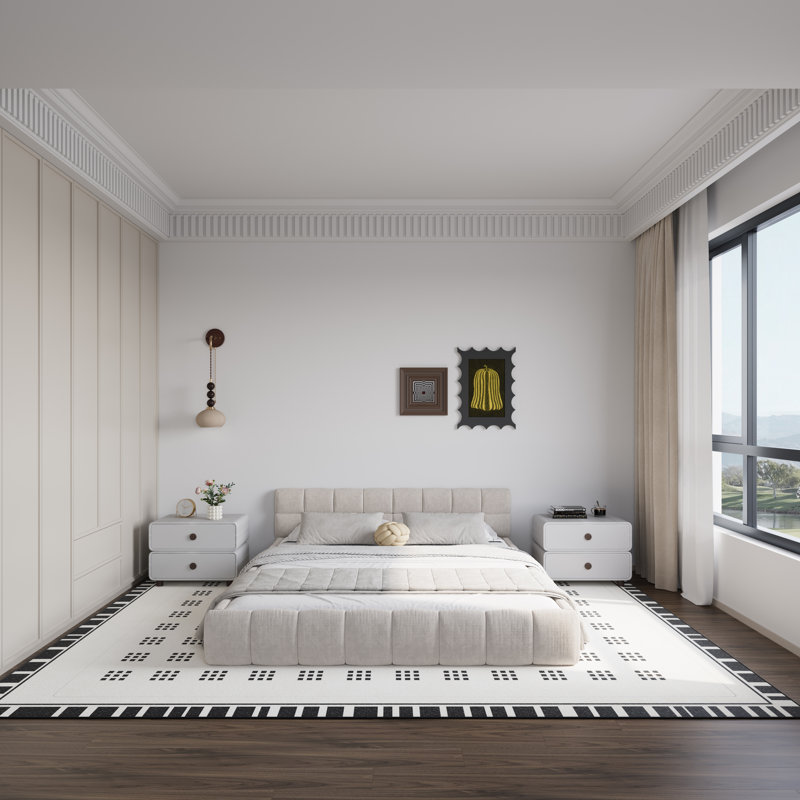 Low Profile Grounded Chenille Upholstered Platform Bed with Headboard, No Box Spring Needed, Beige, Queen