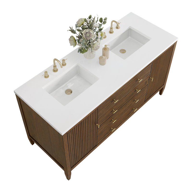 Myrrin 60'' W Double Vanity, Mid-Century Walnut, White Zeus, 8" Widespread