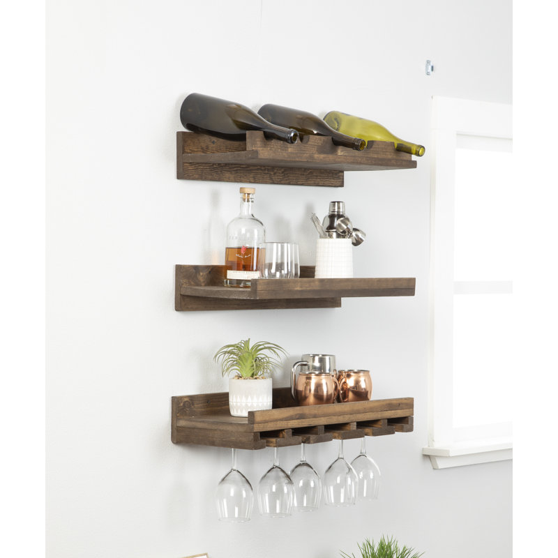 Candelario Solid Wood Wall Mounted Wine Bottle Rack, Dark Walnut, 4.25" H x 24" W x 10" D