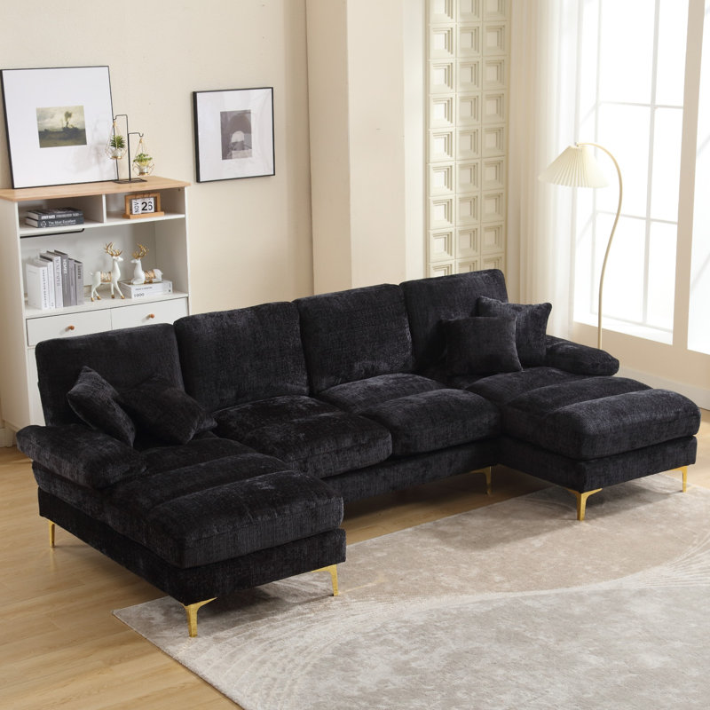 4 Seater Chenille Sectional, Black Chenille