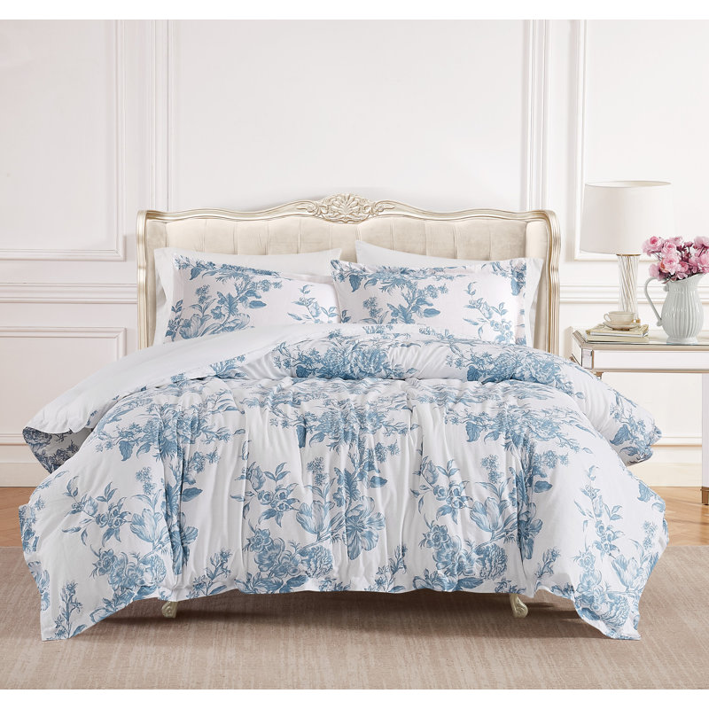 Floral Toile Comforter Set, King Comforter + 2 King Shams, Blue Floral