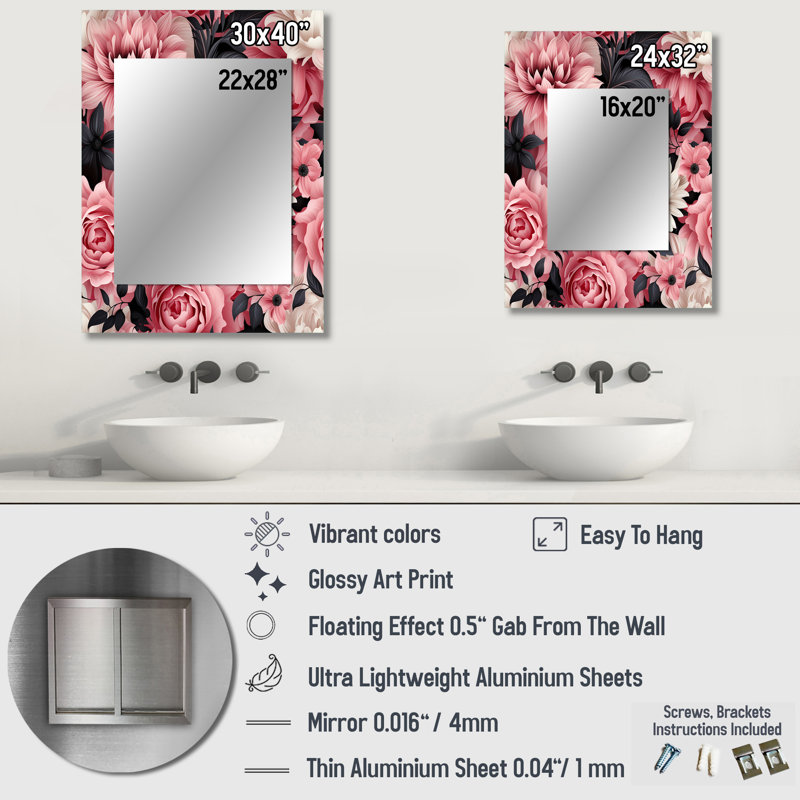 Piumafua, poésies damassées roses - miroir mural décoratif floral, miroir de chalet, impression d'art en métal, 40 po x 30 po
