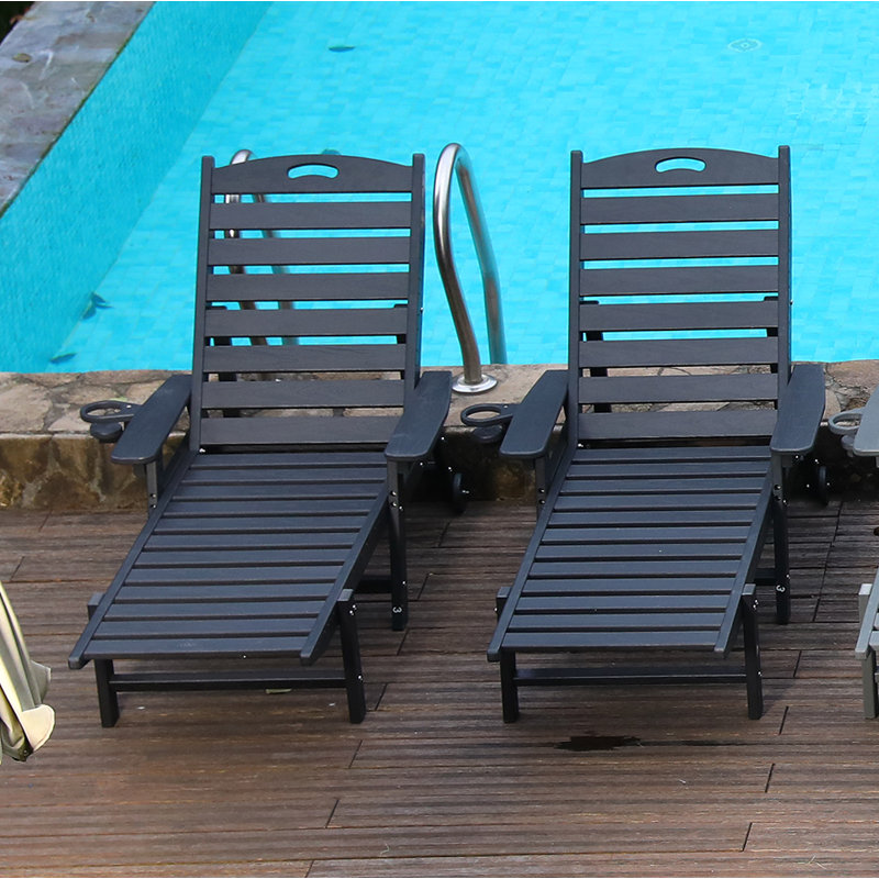 HDPE Chaise Lounge Chair Outdoor, Pool Lounge Chairs With 4-Position Adjustable Backrest, Supports Up To 400 LBS For Patio Poolside Deck Beach Backyard (Black)