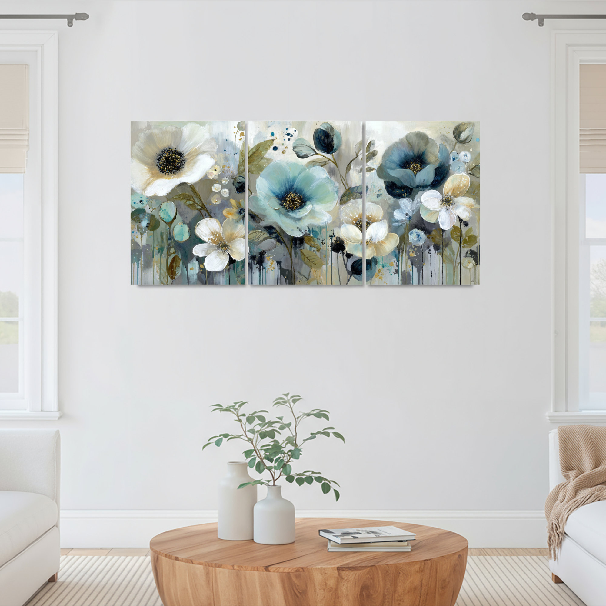 Red Barrel Studio® Abstract Floral Blue and White Canvas Wrapped Wall ...